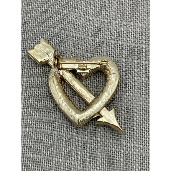Gold Tone Red Clear Rhinestones Heart Arrow 2" Brooch - Picture 4 of 8